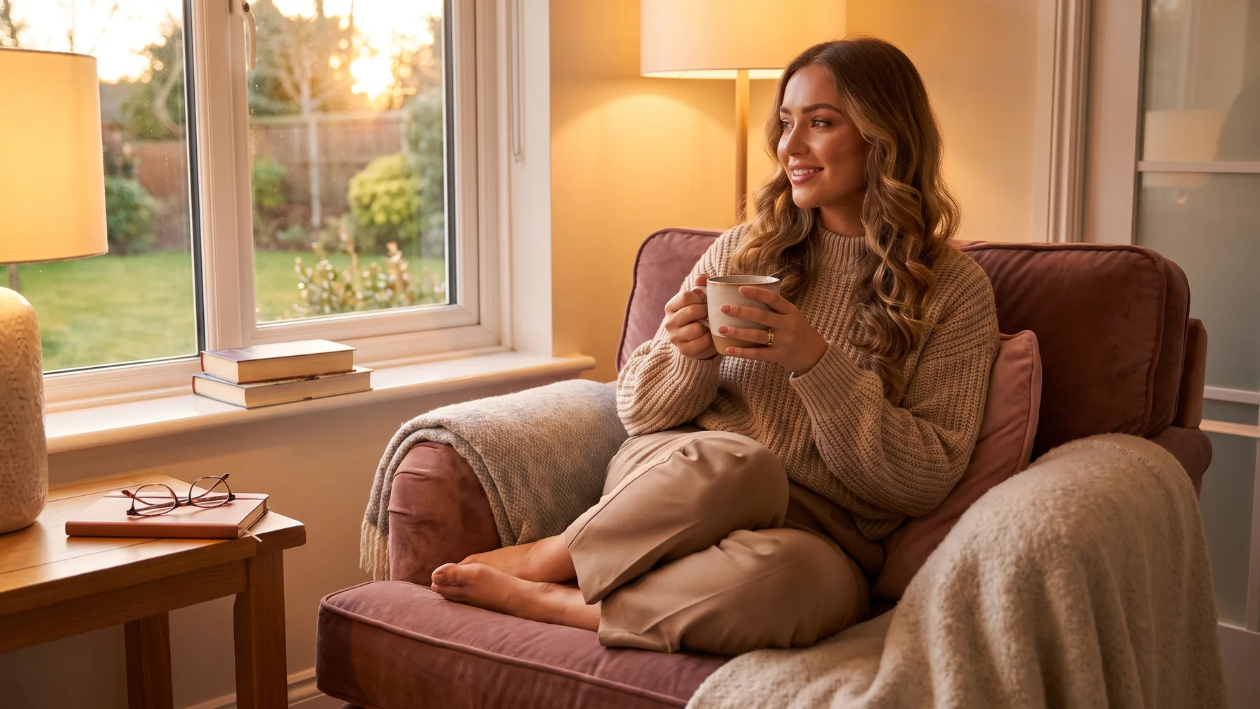 A creator relaxing calmly with tea on a couch — managing Telegram DMs without burnout