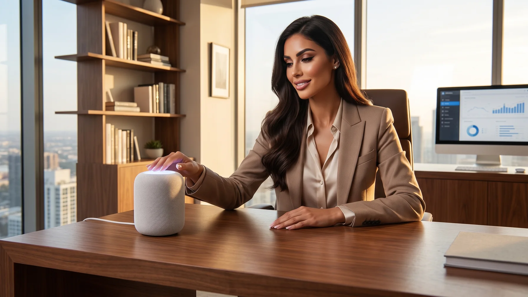 A creator switching on a connected assistant at a professional desk — Telegram Business mode for creators