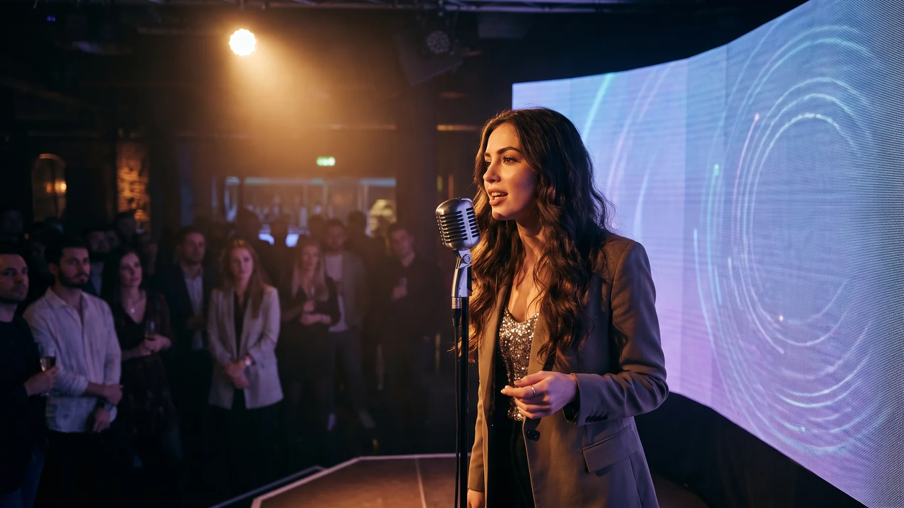 A creator broadcasting from a small stage to an audience — a Telegram channel-to-DM funnel