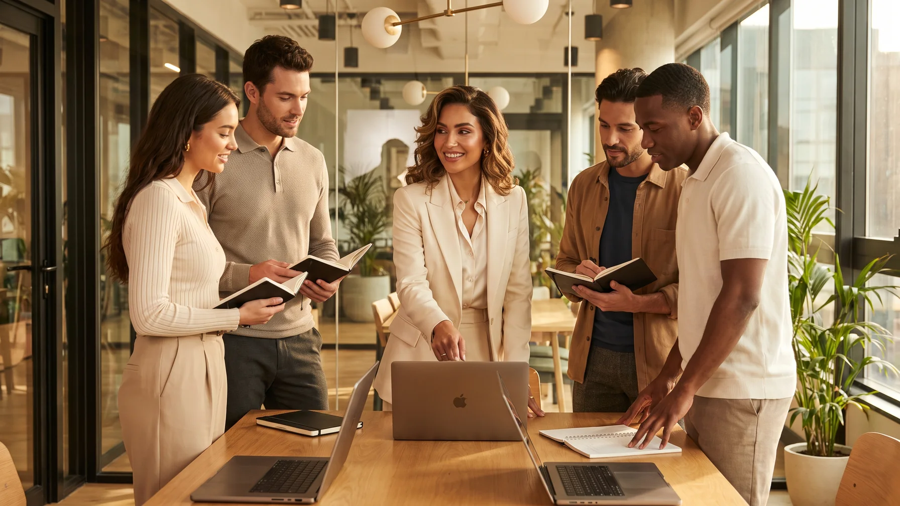 A stylish team collaborating around a table — Telegram for creator agencies